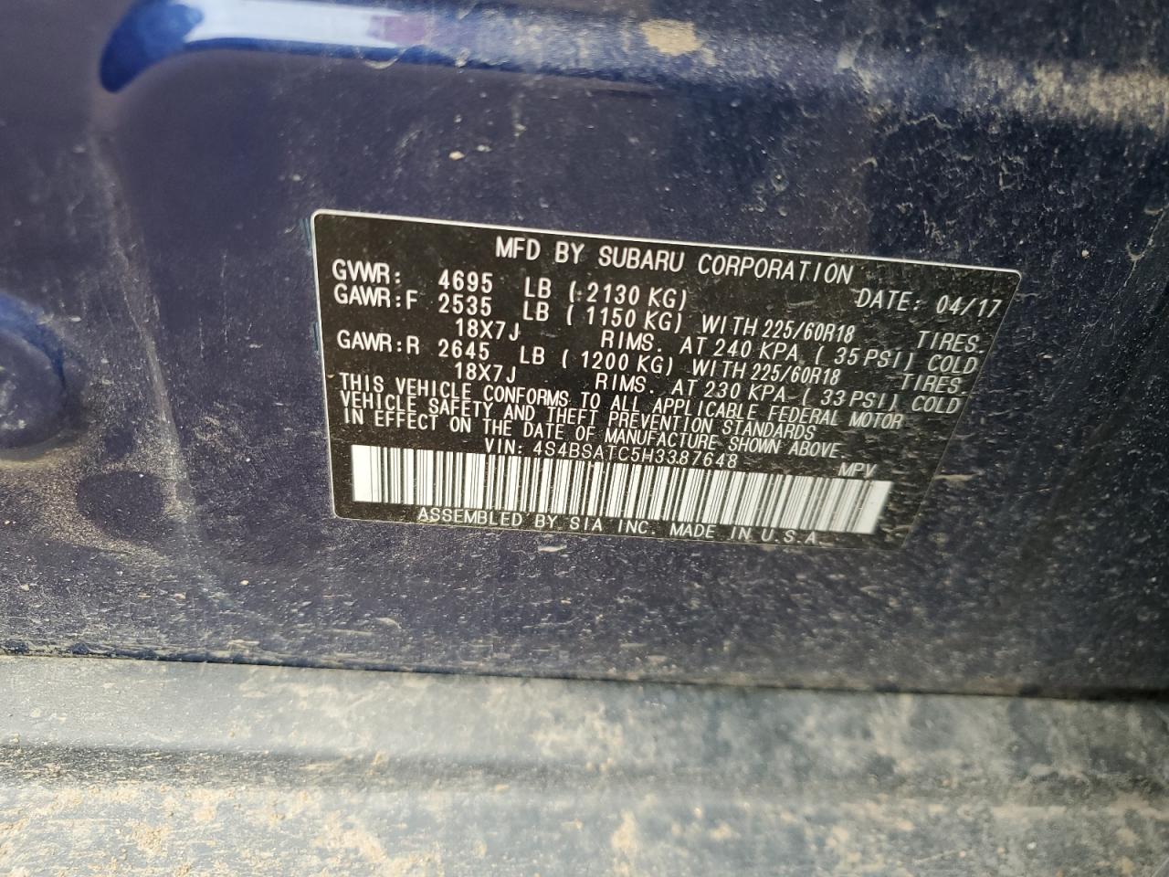 2017 Subaru Outback Touring VIN: 4S4BSATC5H3387648 Lot: 71835925