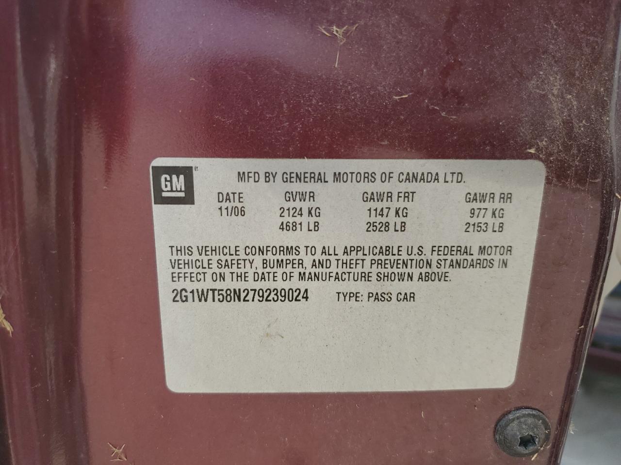 2007 Chevrolet Impala Lt VIN: 2G1WT58N279239024 Lot: 80711925