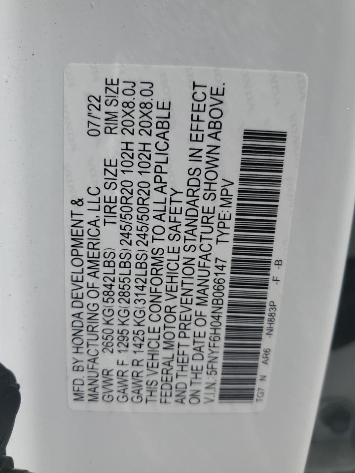 2022 Honda Pilot Elite VIN: 5FNYF6H04NB066147 Lot: 84051365