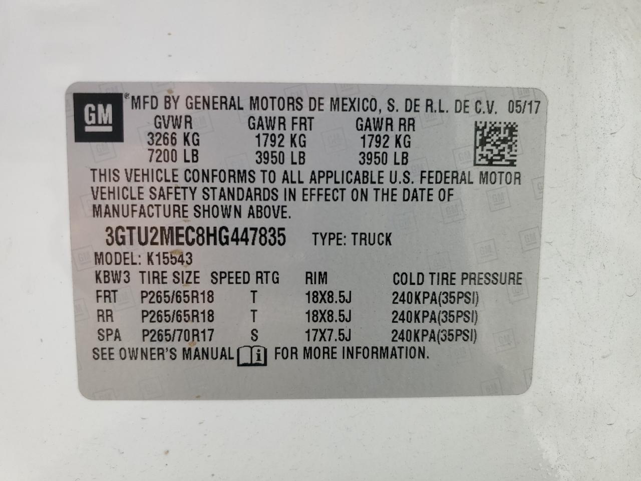 2017 GMC Sierra K1500 Sle VIN: 3GTU2MEC8HG447835 Lot: 84659845