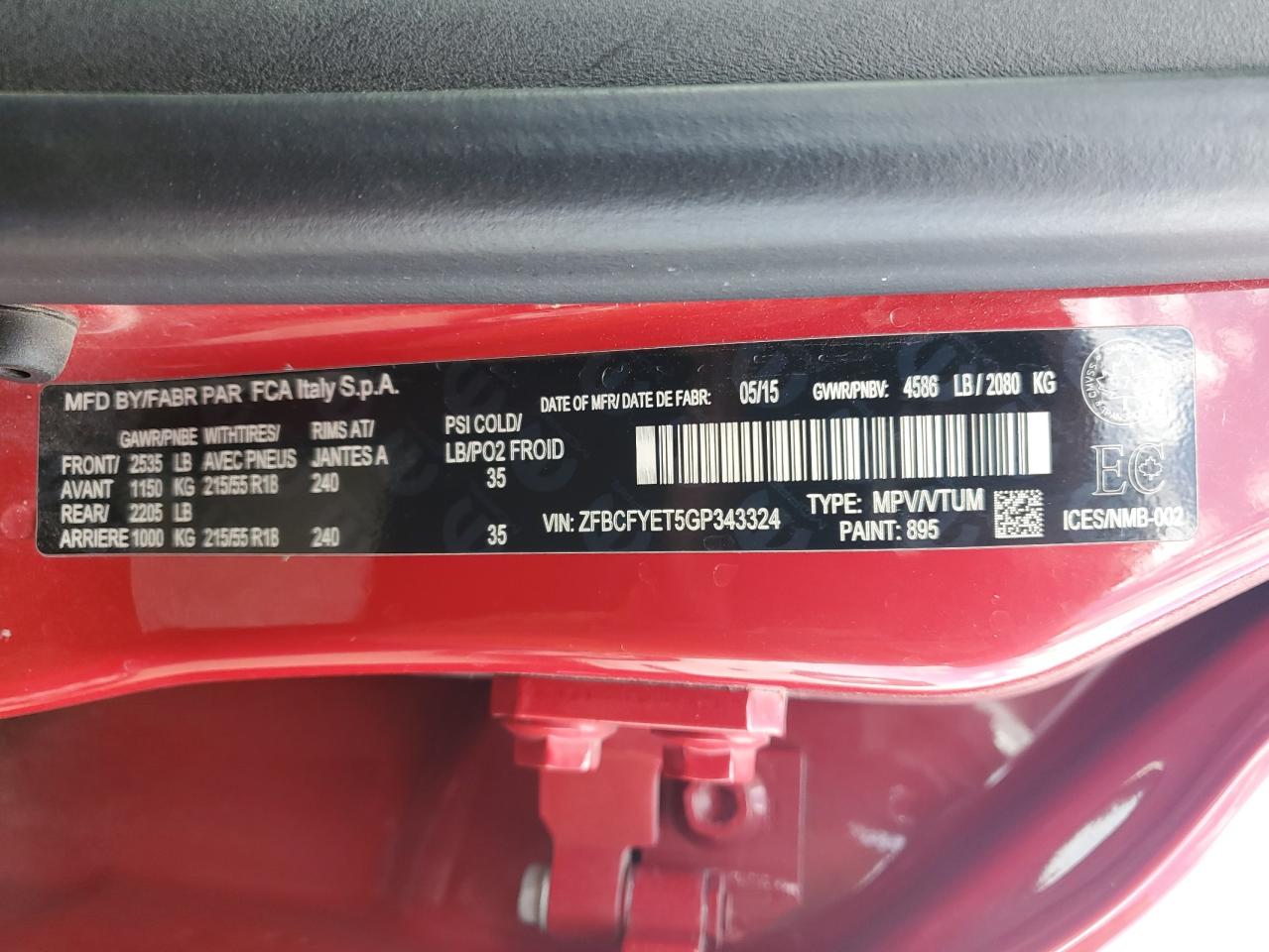 2016 Fiat 500X Trekking Plus VIN: ZFBCFYET5GP343324 Lot: 84809655