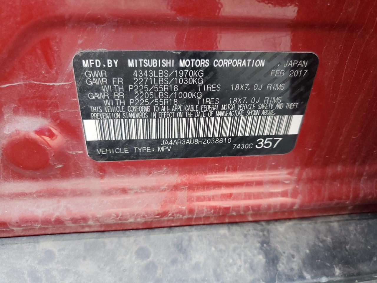 2017 Mitsubishi Outlander Sport Es VIN: JA4AR3AU8HZ038610 Lot: 81779805