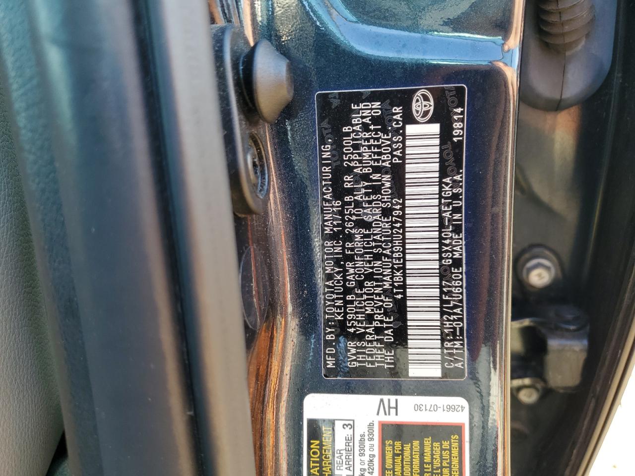 2017 Toyota Avalon Xle VIN: 4T1BK1EB9HU247942 Lot: 81467935