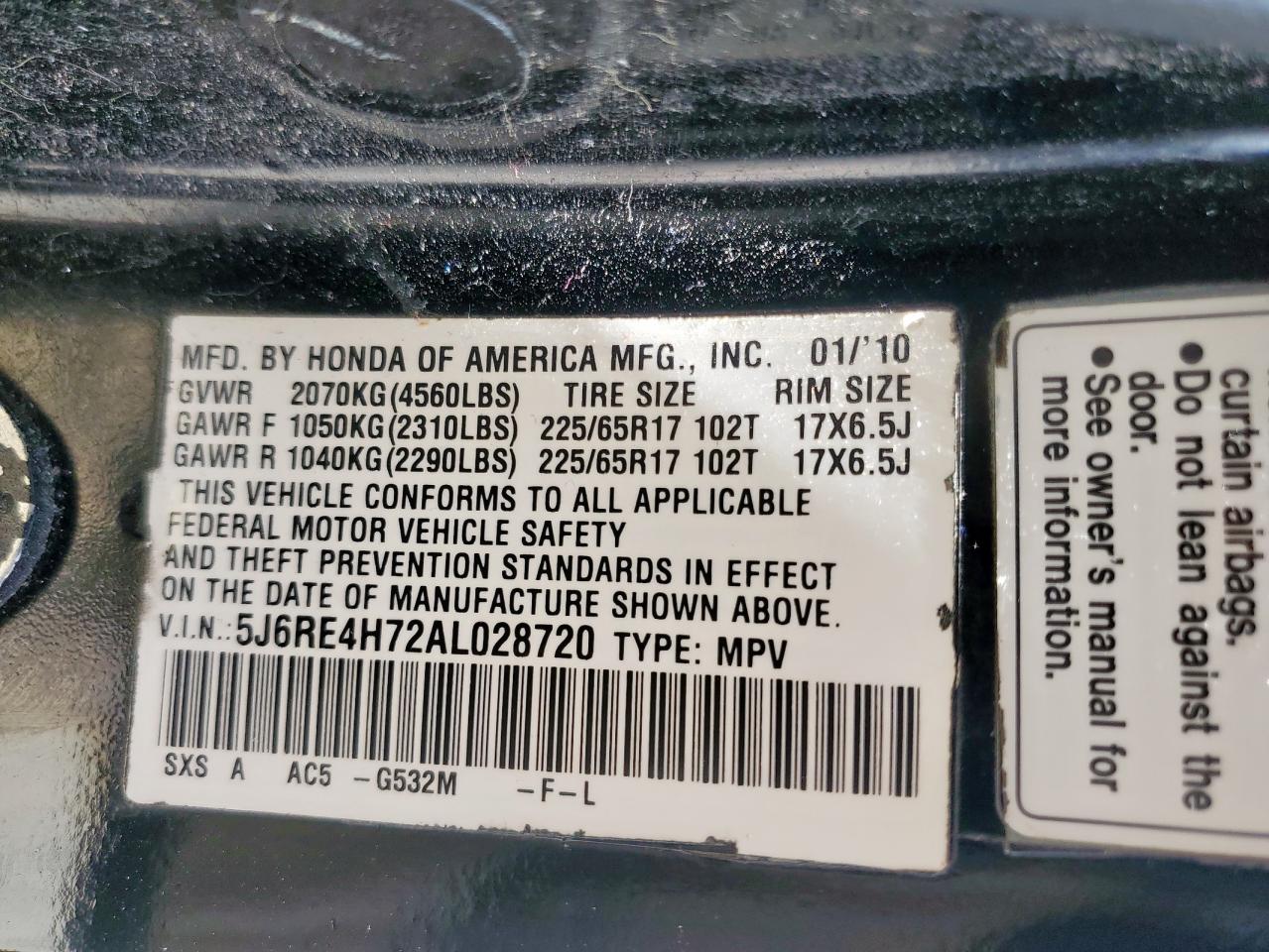 2010 Honda Cr-V Exl VIN: 5J6RE4H72AL028720 Lot: 81695035