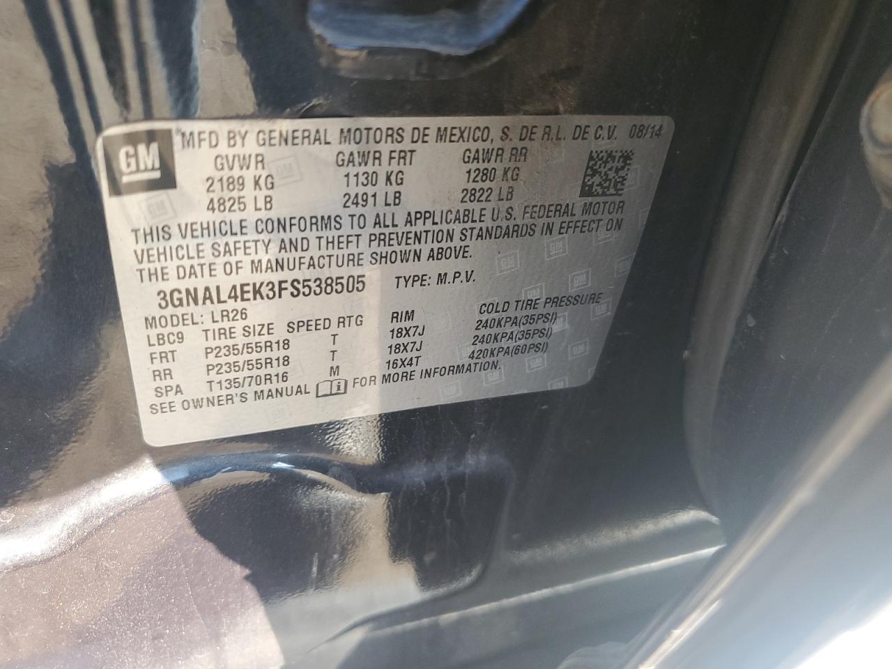 2015 Chevrolet Captiva Ltz VIN: 3GNAL4EK3FS538505 Lot: 81007685