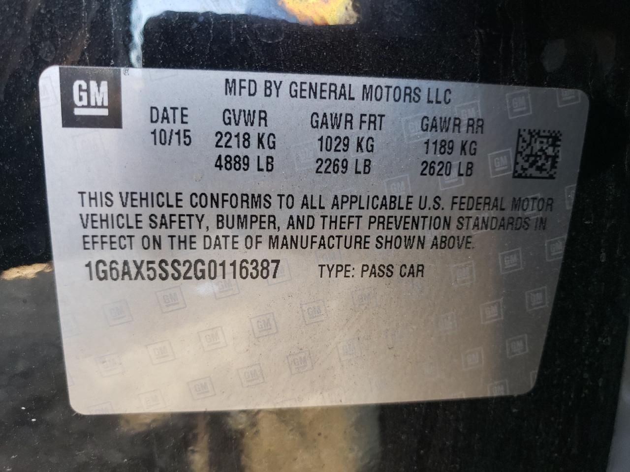 2016 Cadillac Cts Luxury Collection VIN: 1G6AX5SS2G0116387 Lot: 80692365