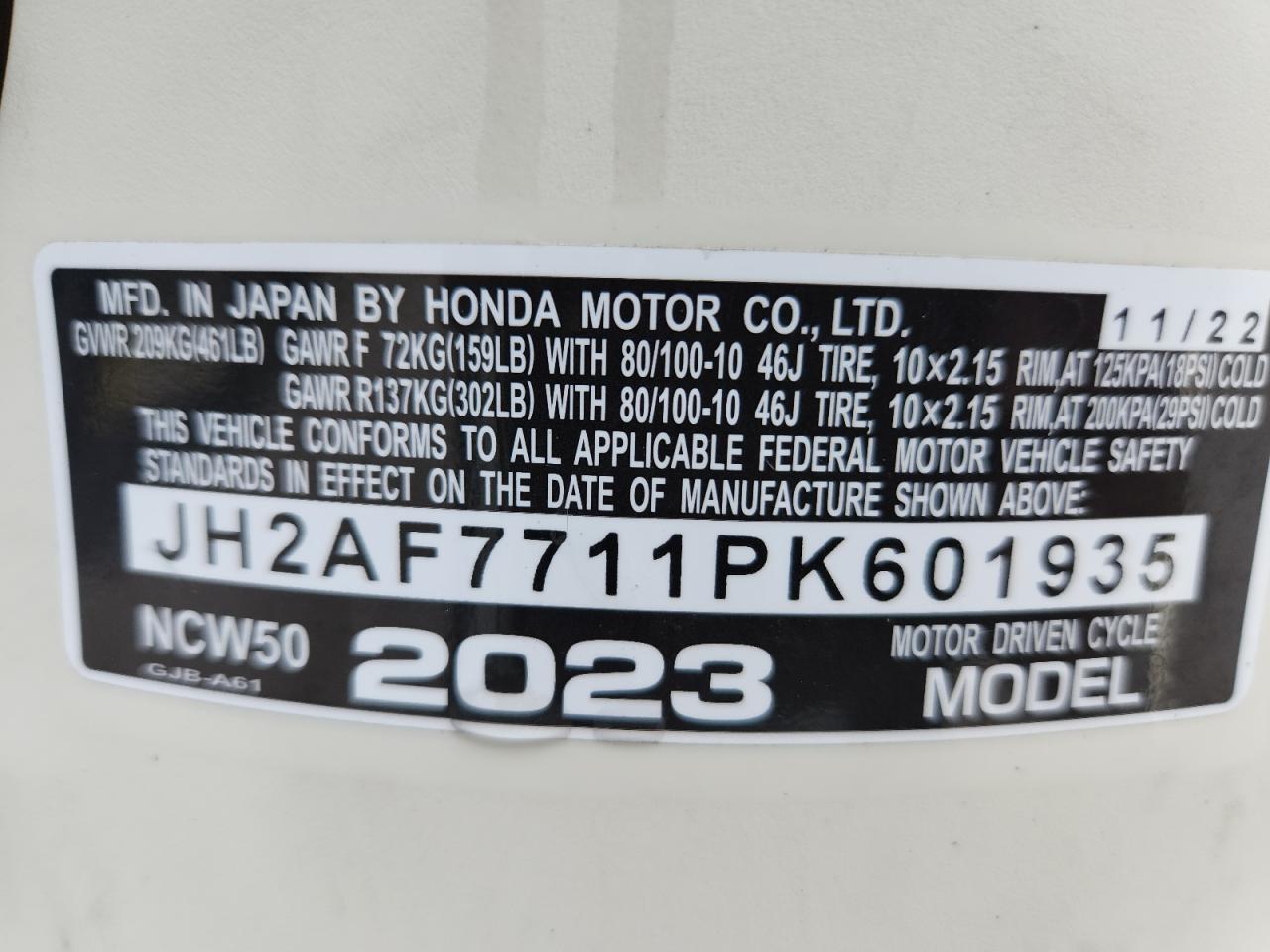 2023 Honda Ncw50 VIN: JH2AF7711PK601935 Lot: 81331575