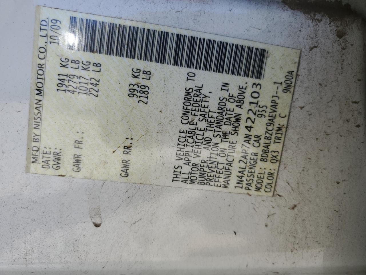 2010 Nissan Altima Base VIN: 1N4AL2AP7AN422103 Lot: 71975555