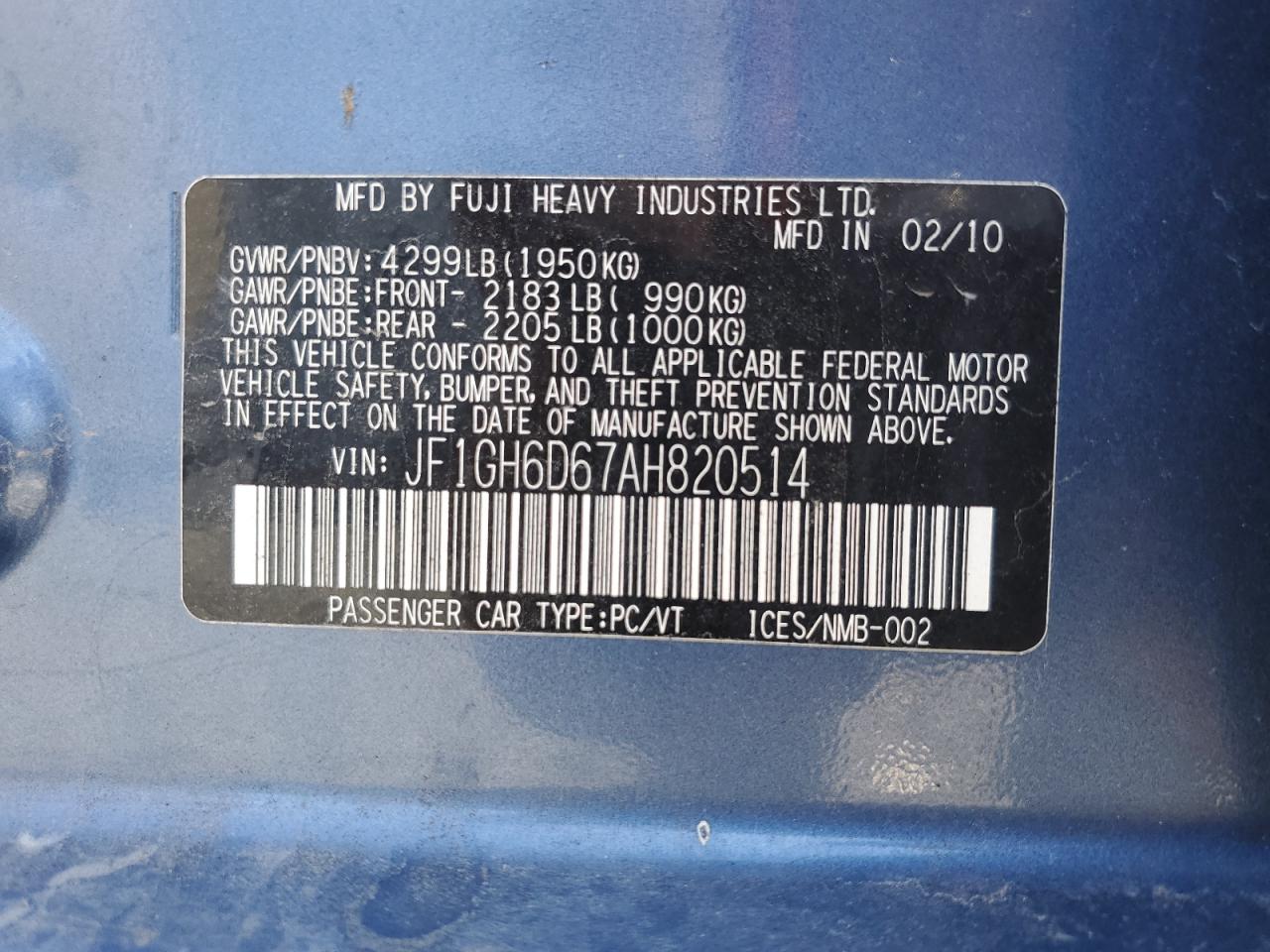 2010 Subaru Impreza Outback Sport VIN: JF1GH6D67AH820514 Lot: 71543035