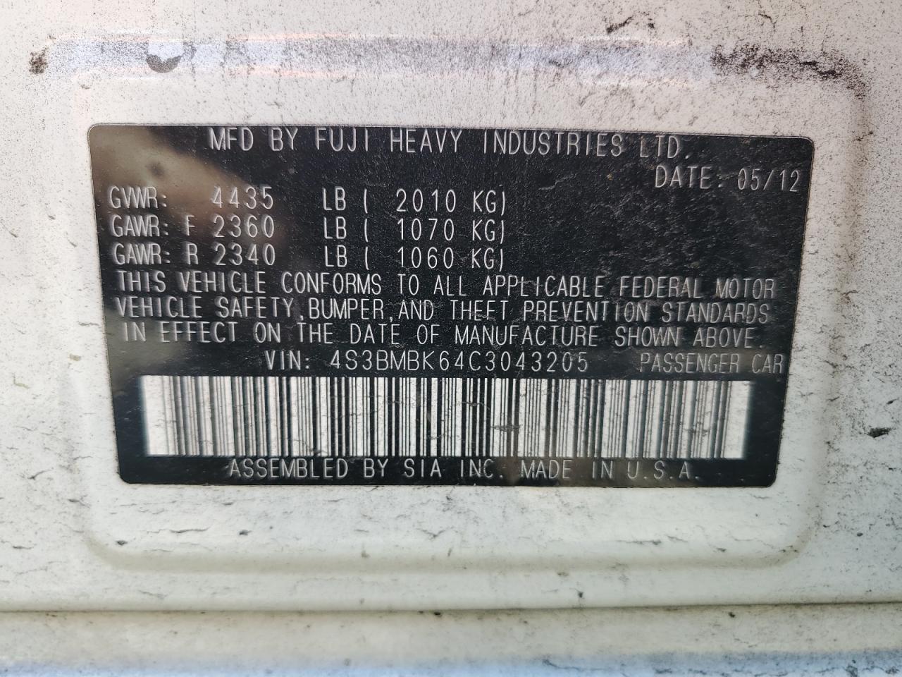 2012 Subaru Legacy 2.5I Limited VIN: 4S3BMBK64C3043205 Lot: 71884295