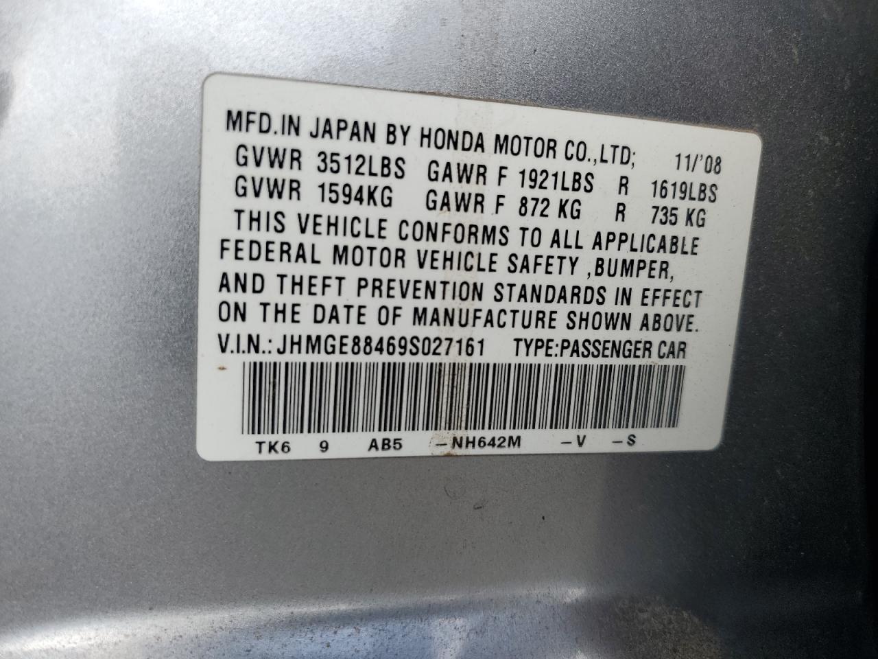 2009 Honda Fit Sport VIN: JHMGE88469S027161 Lot: 71214915