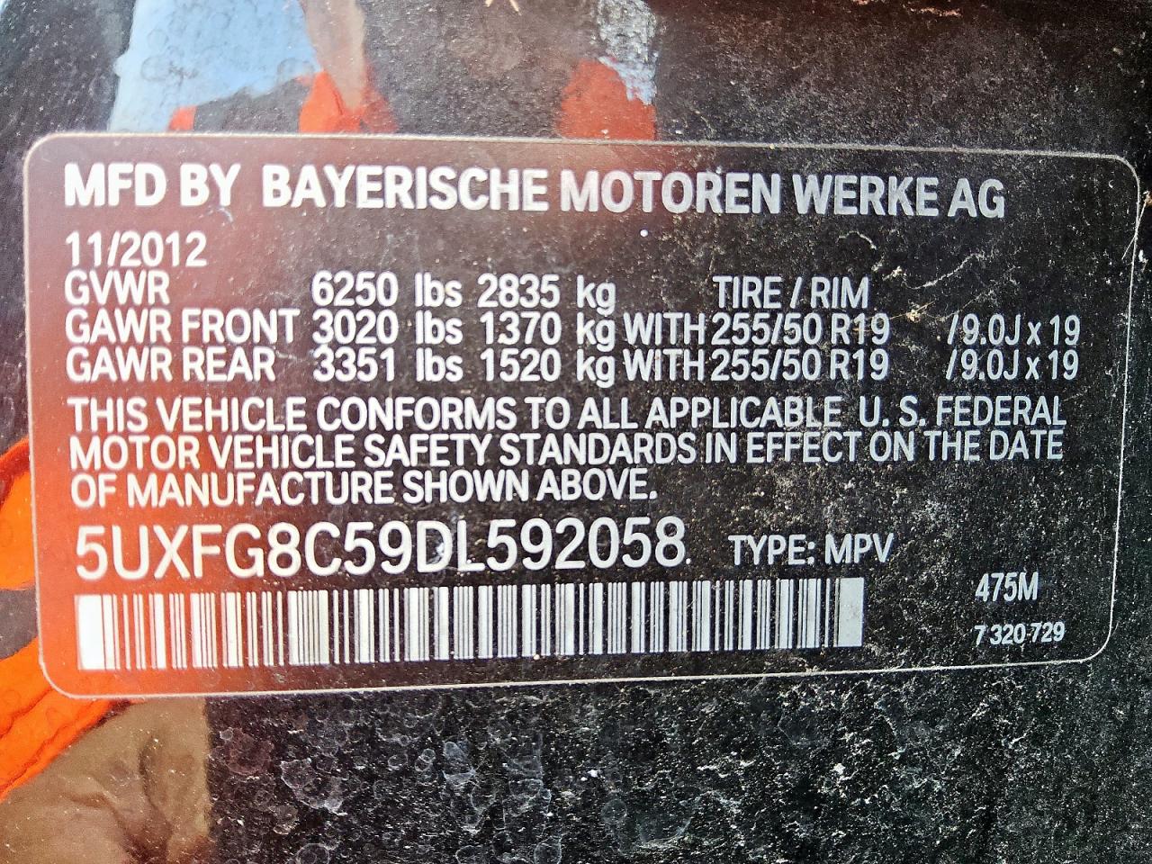 2013 BMW X6 xDrive50I VIN: 5UXFG8C59DL592058 Lot: 87302275