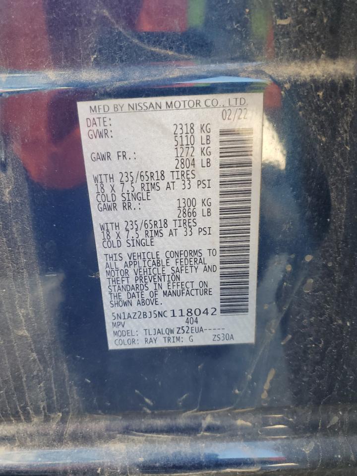 2022 Nissan Murano Sv VIN: 5N1AZ2BJ5NC118042 Lot: 81335245