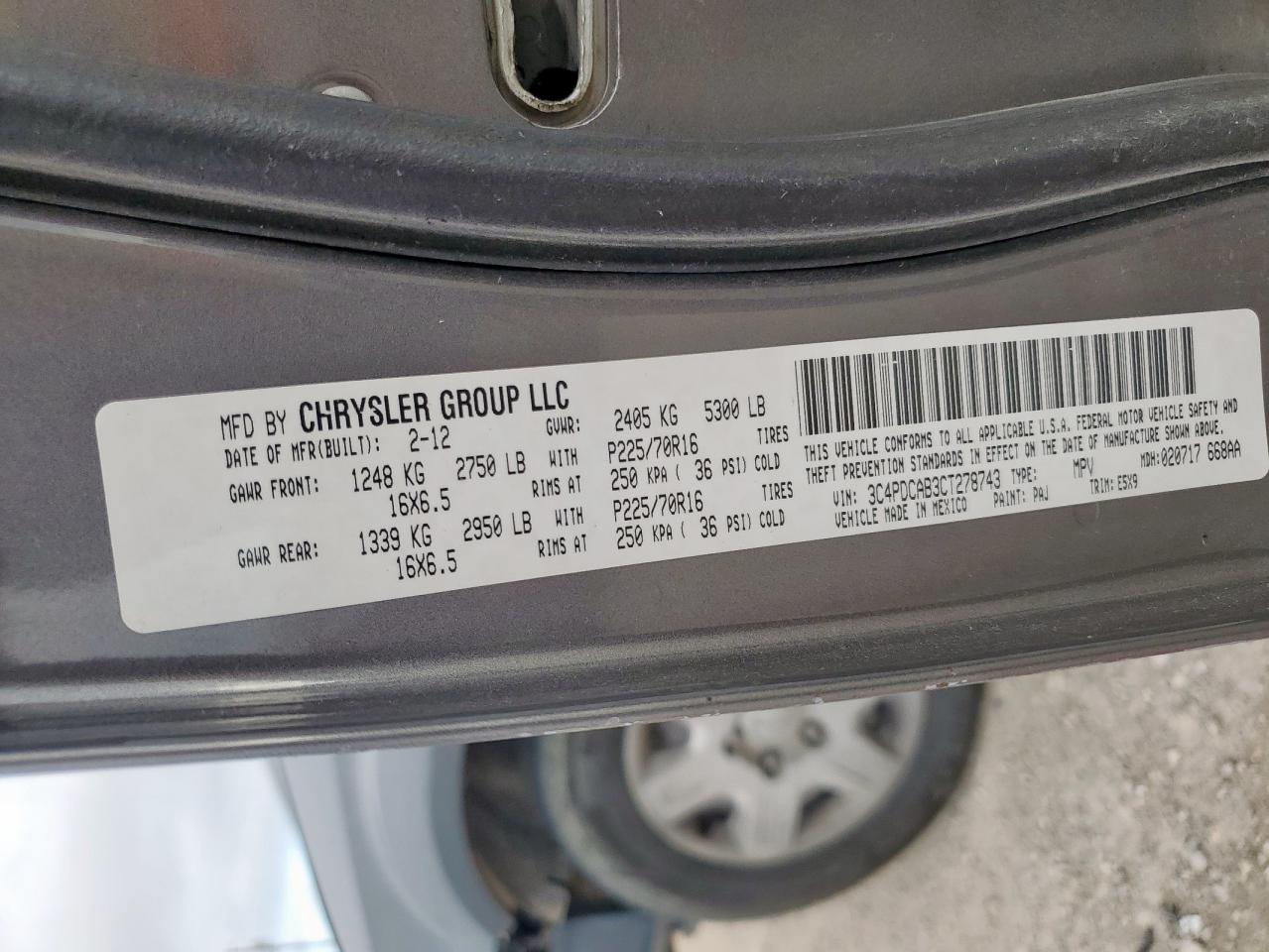 2012 Dodge Journey Se VIN: 3C4PDCAB3CT278743 Lot: 82039655