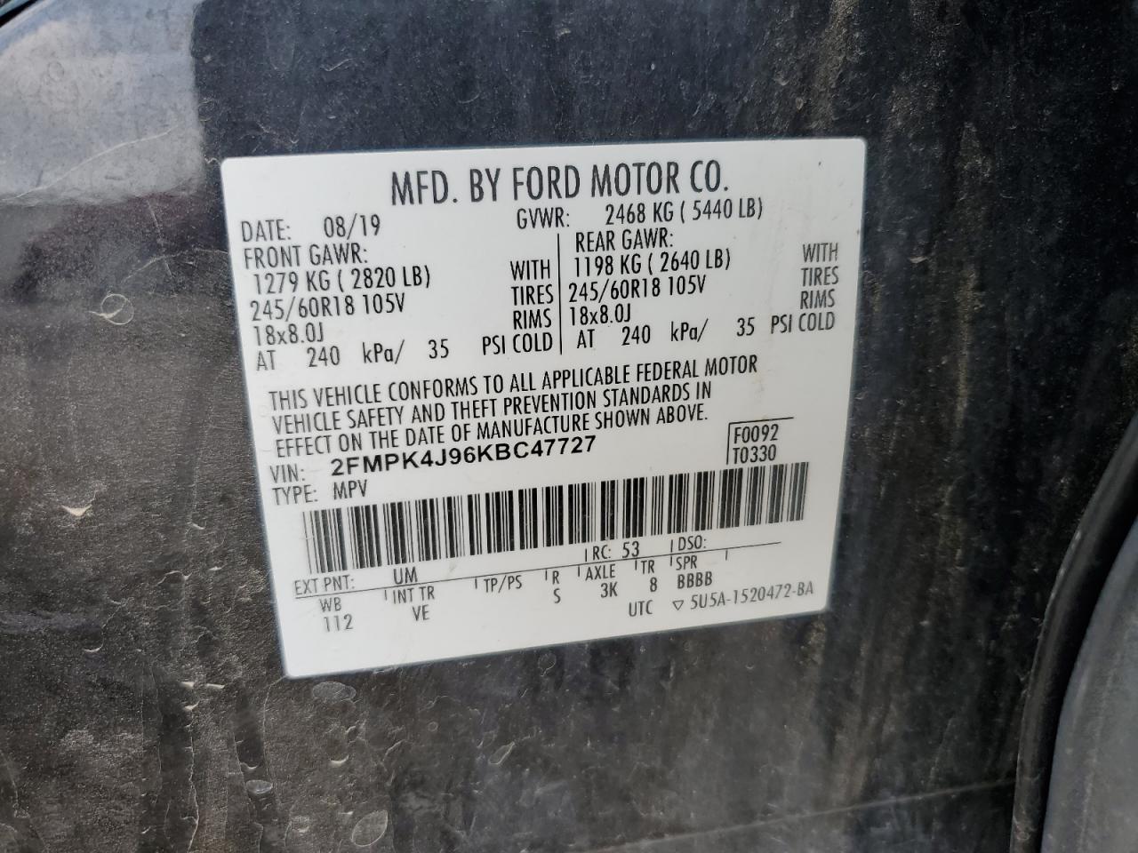 2019 Ford Edge Sel VIN: 2FMPK4J96KBC47727 Lot: 71440585