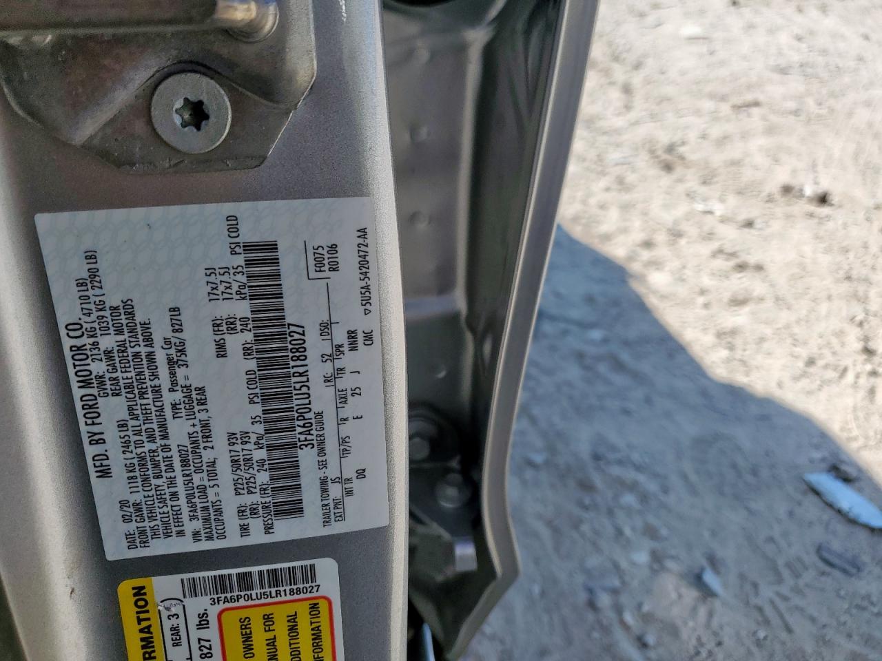 2020 Ford Fusion Se VIN: 3FA6P0LU5LR188027 Lot: 81779735