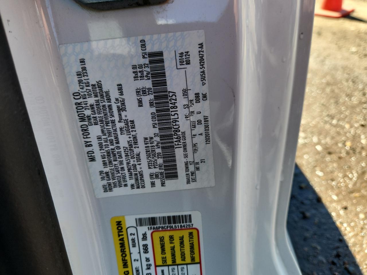 2020 Ford Mustang Gt VIN: 1FA6P8CF9L5184257 Lot: 81009965