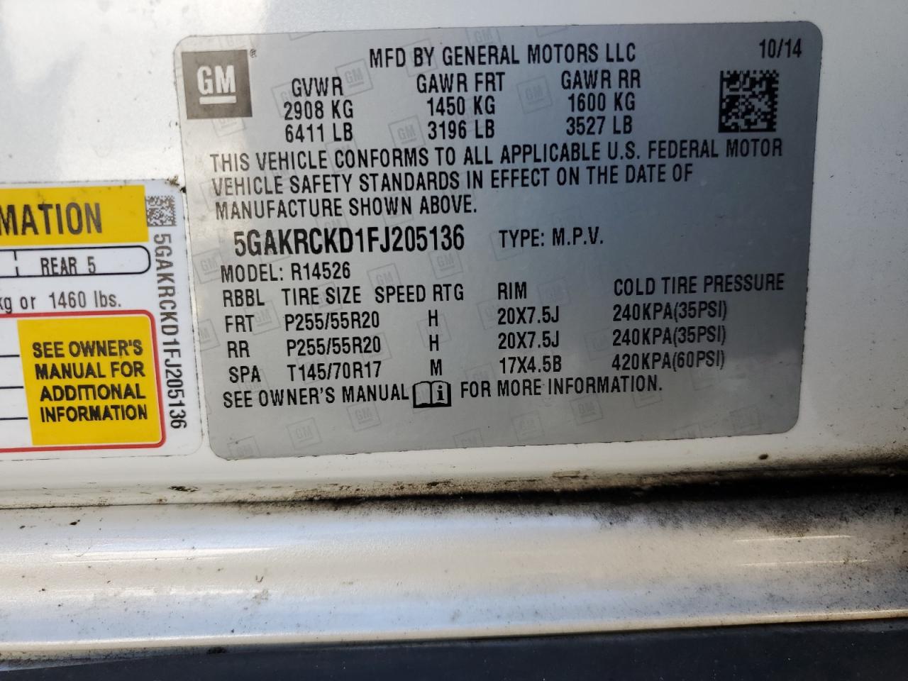 2015 Buick Enclave VIN: 5GAKRCKD1FJ205136 Lot: 81932705