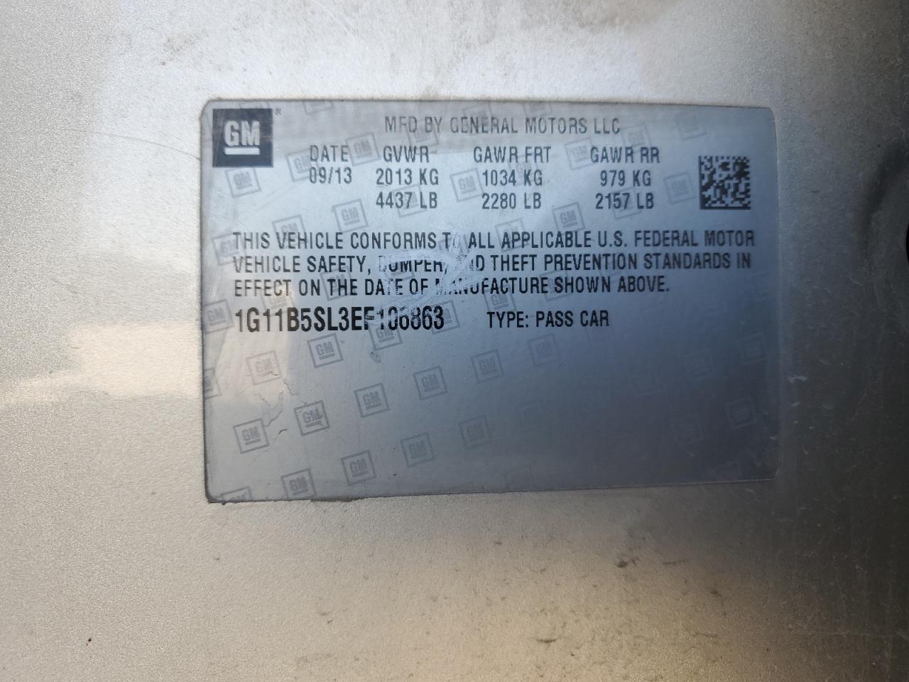 2014 Chevrolet Malibu Ls VIN: 1G11B5SL3EF106863 Lot: 83845135