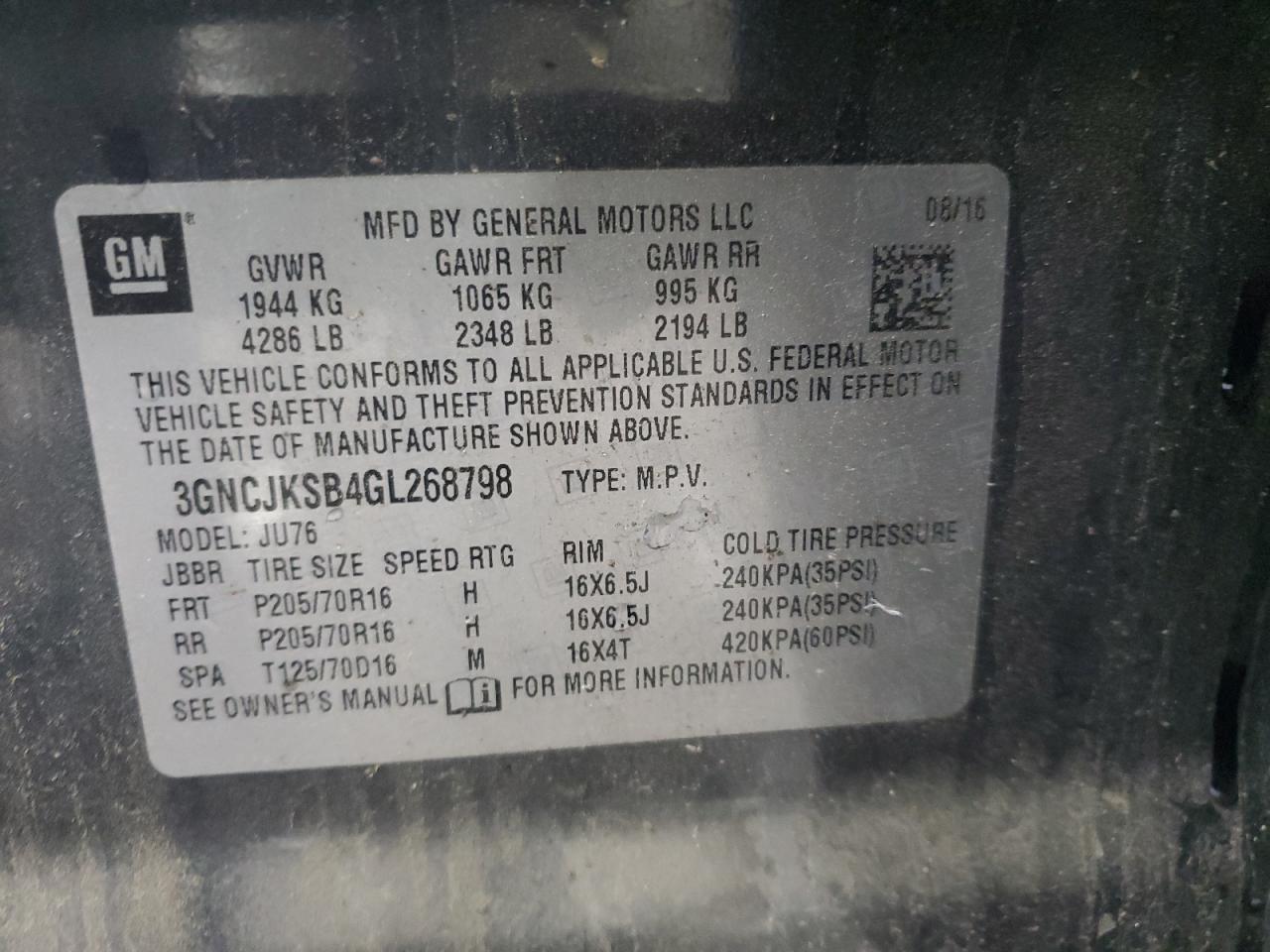 2016 Chevrolet Trax Ls VIN: 3GNCJKSB4GL268798 Lot: 80809335