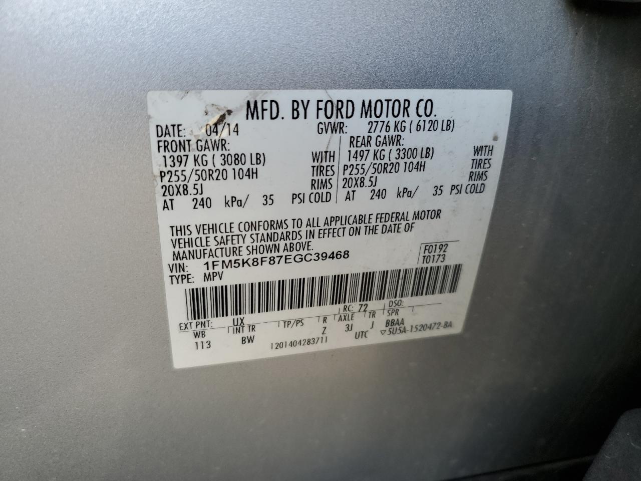 2014 Ford Explorer Limited VIN: 1FM5K8F87EGC39468 Lot: 84597465