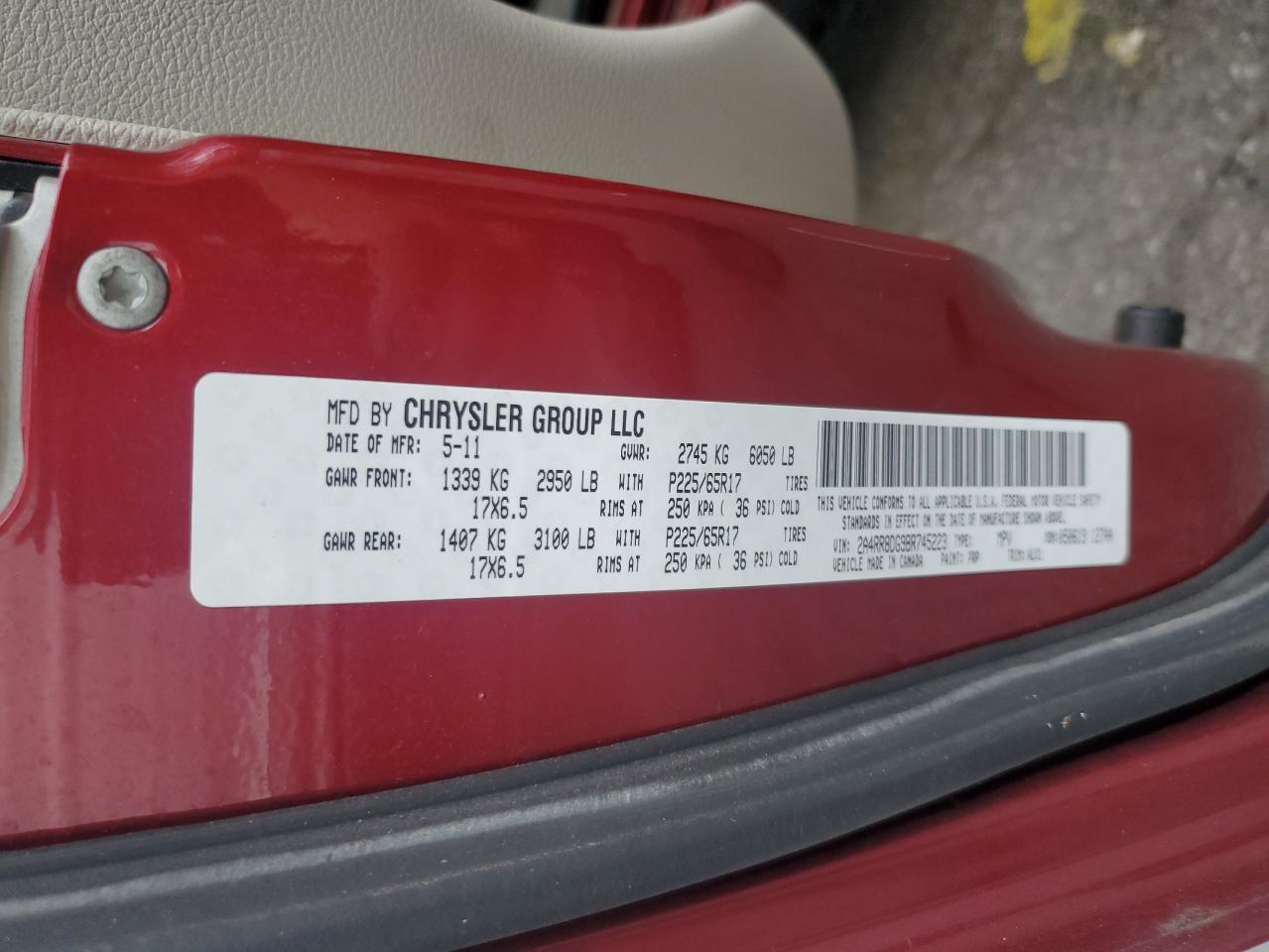 2011 Chrysler Town & Country Touring L VIN: 2A4RR8DG9BR745223 Lot: 81706915