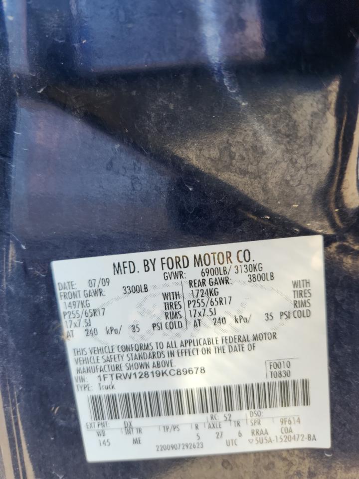 2009 Ford F150 Supercrew VIN: 1FTRW12819KC89678 Lot: 82164075