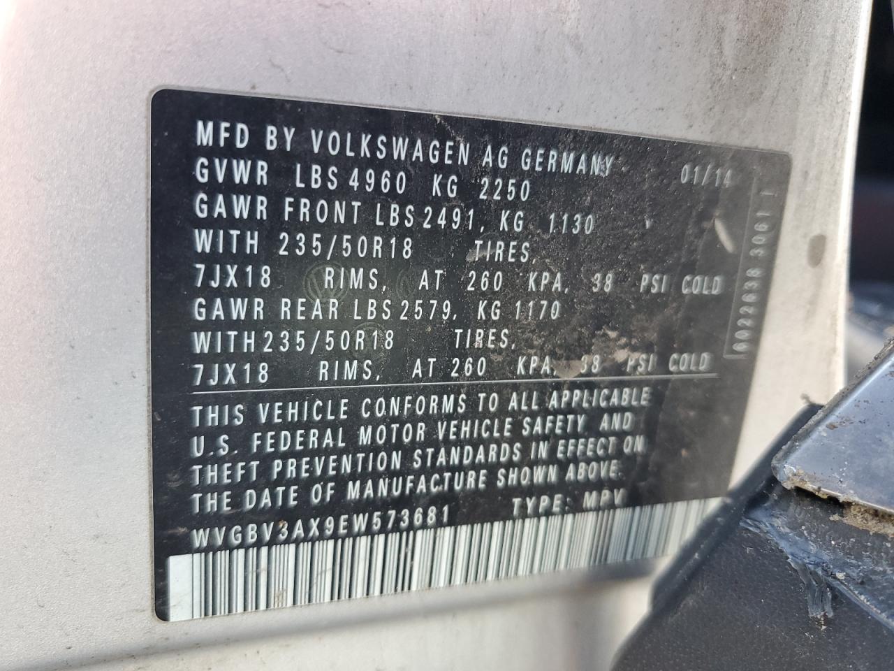 2014 Volkswagen Tiguan S VIN: WVGBV3AX9EW573681 Lot: 81641635