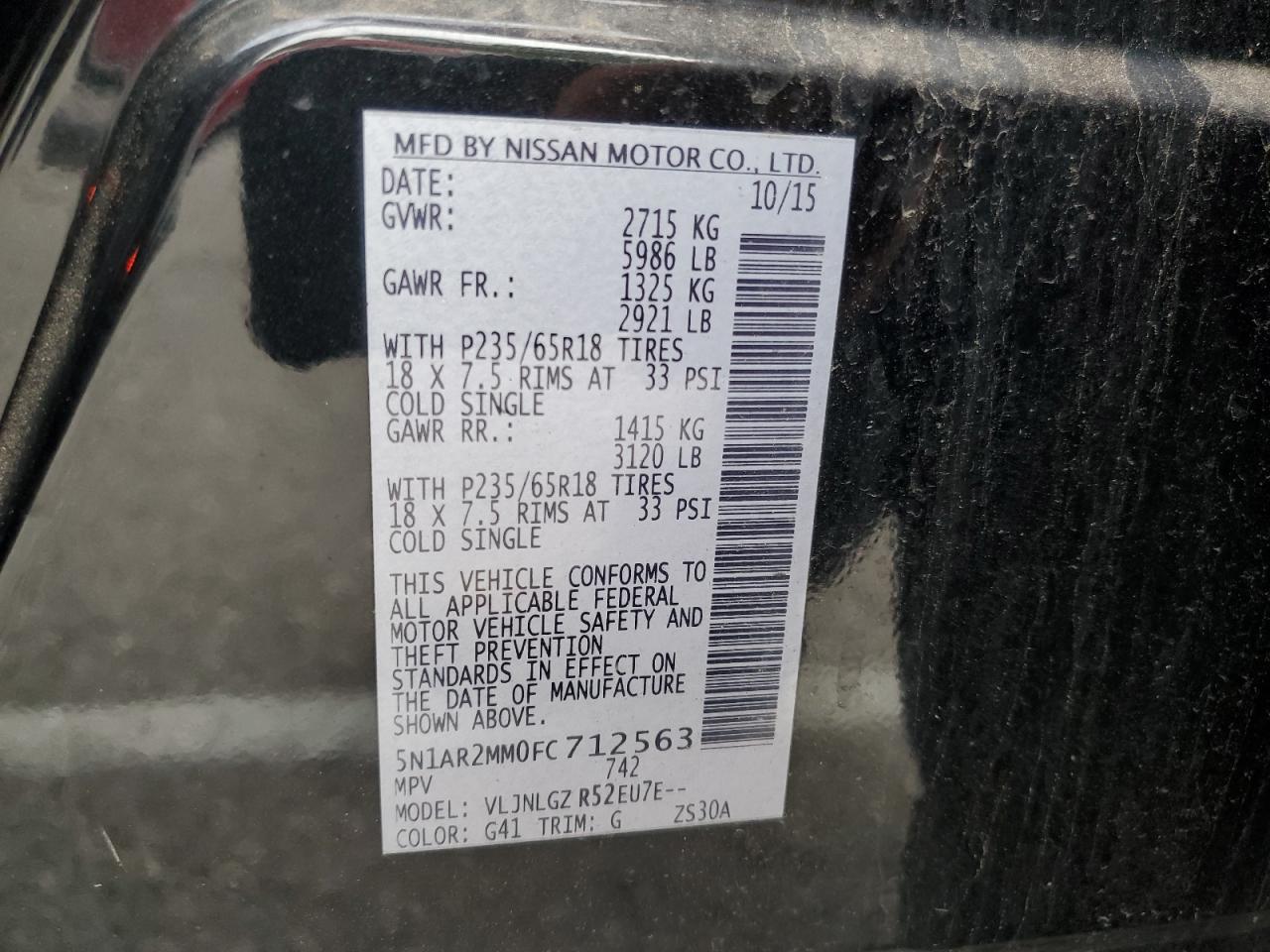 2015 Nissan Pathfinder S VIN: 5N1AR2MM0FC712563 Lot: 84817855