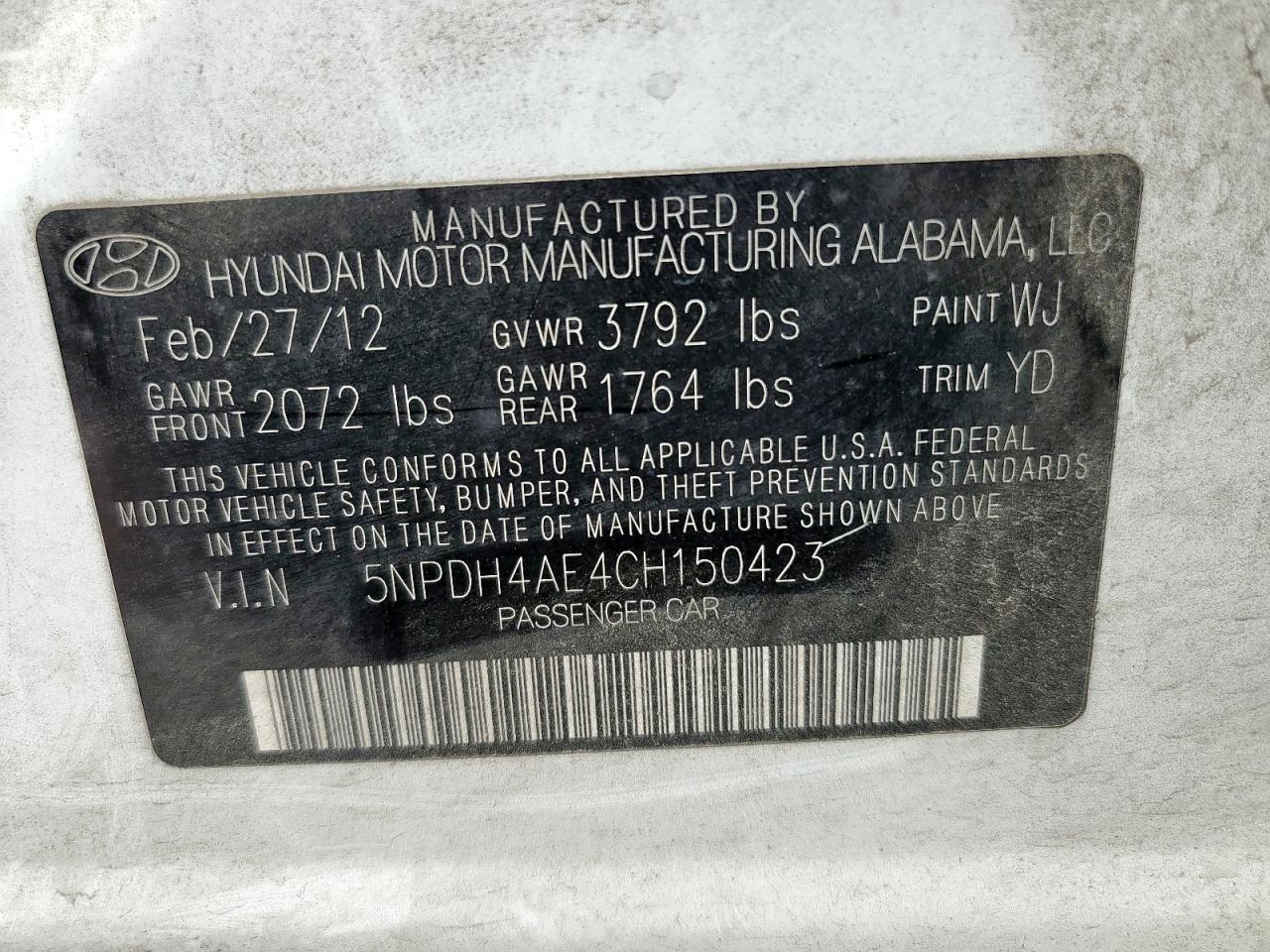 2012 Hyundai Elantra Gls VIN: 5NPDH4AE4CH150423 Lot: 81105585