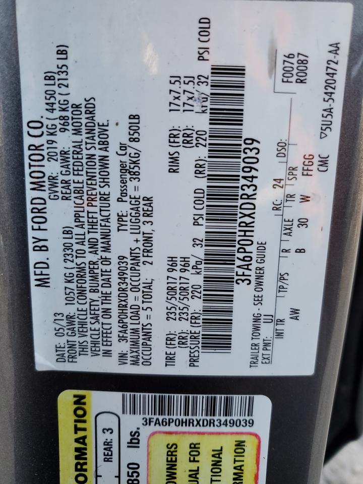 2013 Ford Fusion Se VIN: 3FA6P0HRXDR349039 Lot: 81910305