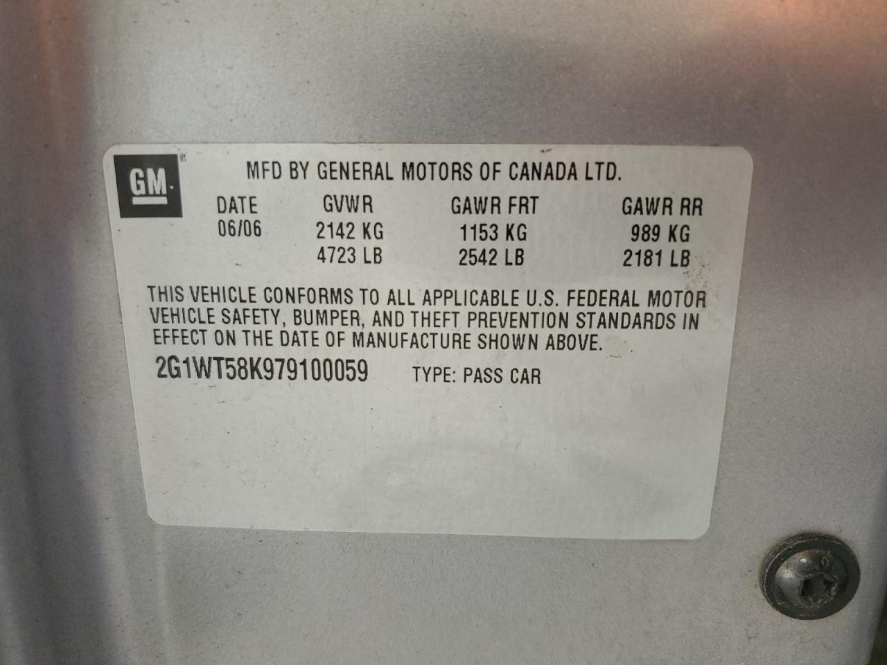 2007 Chevrolet Impala Lt VIN: 2G1WT58K979100059 Lot: 84247685