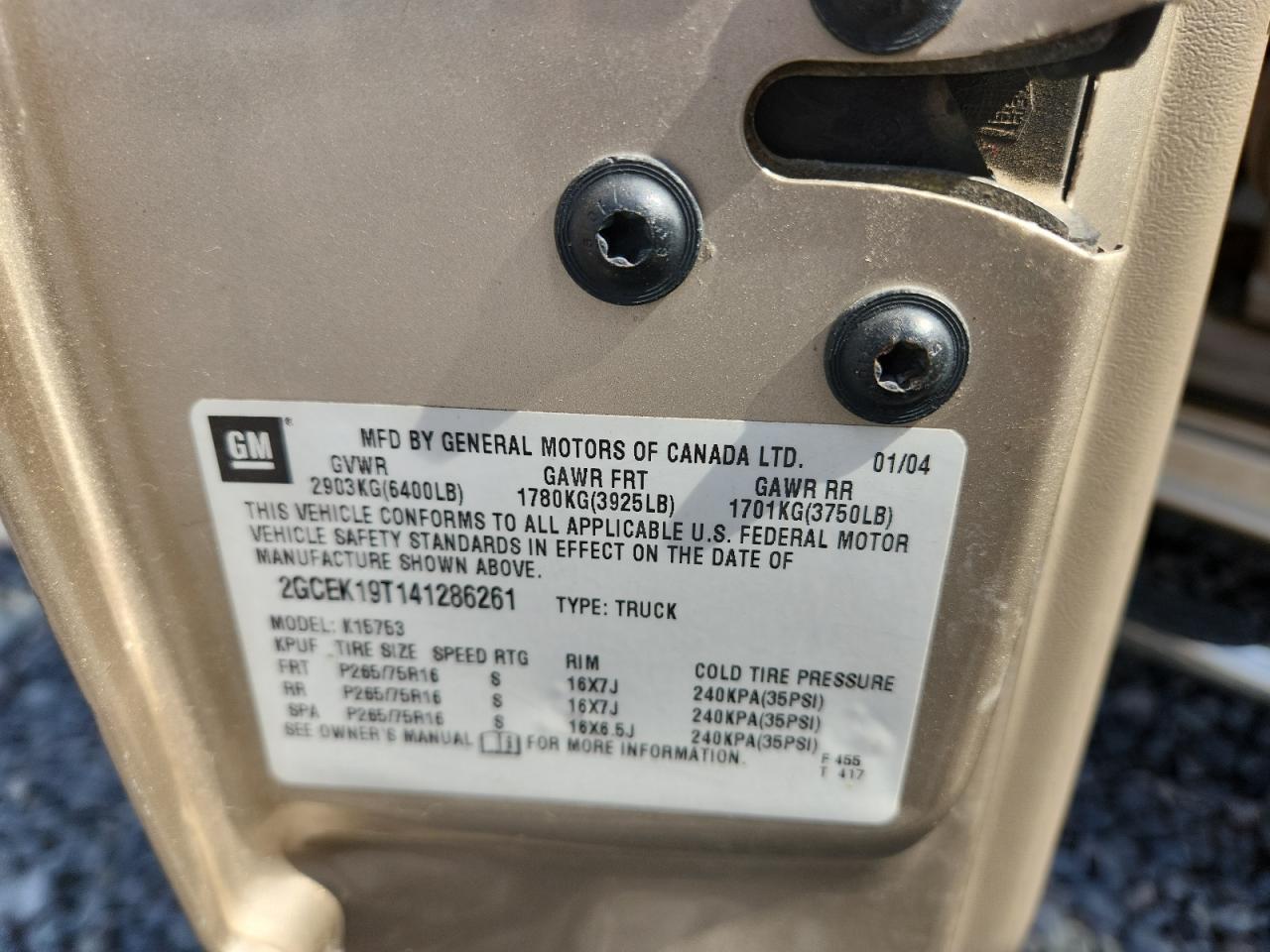 2004 Chevrolet Silverado K1500 VIN: 2GCEK19T141286261 Lot: 80462355