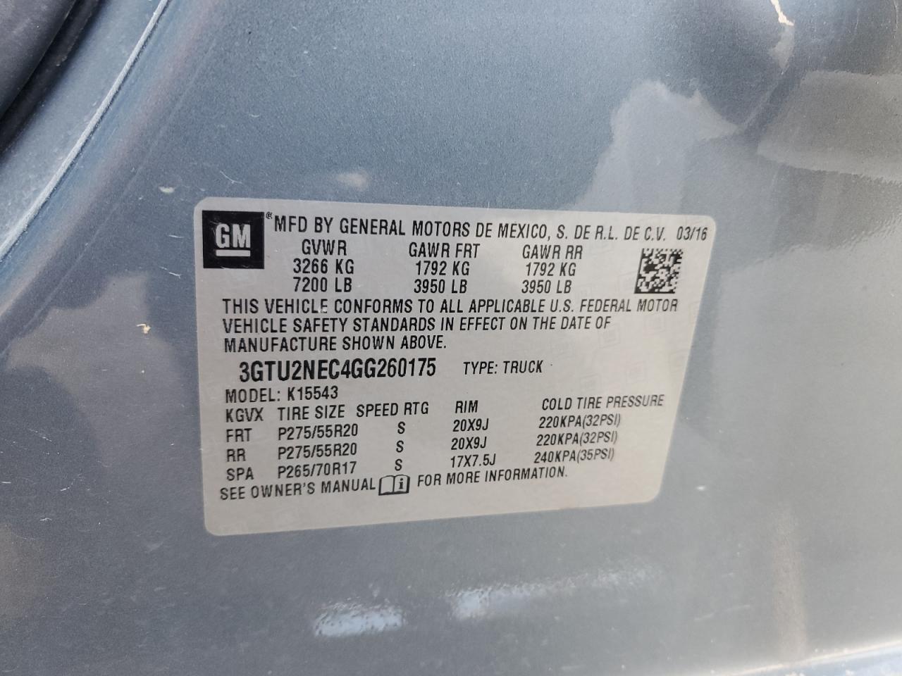 2016 GMC Sierra K1500 Slt VIN: 3GTU2NEC4GG260175 Lot: 81067085