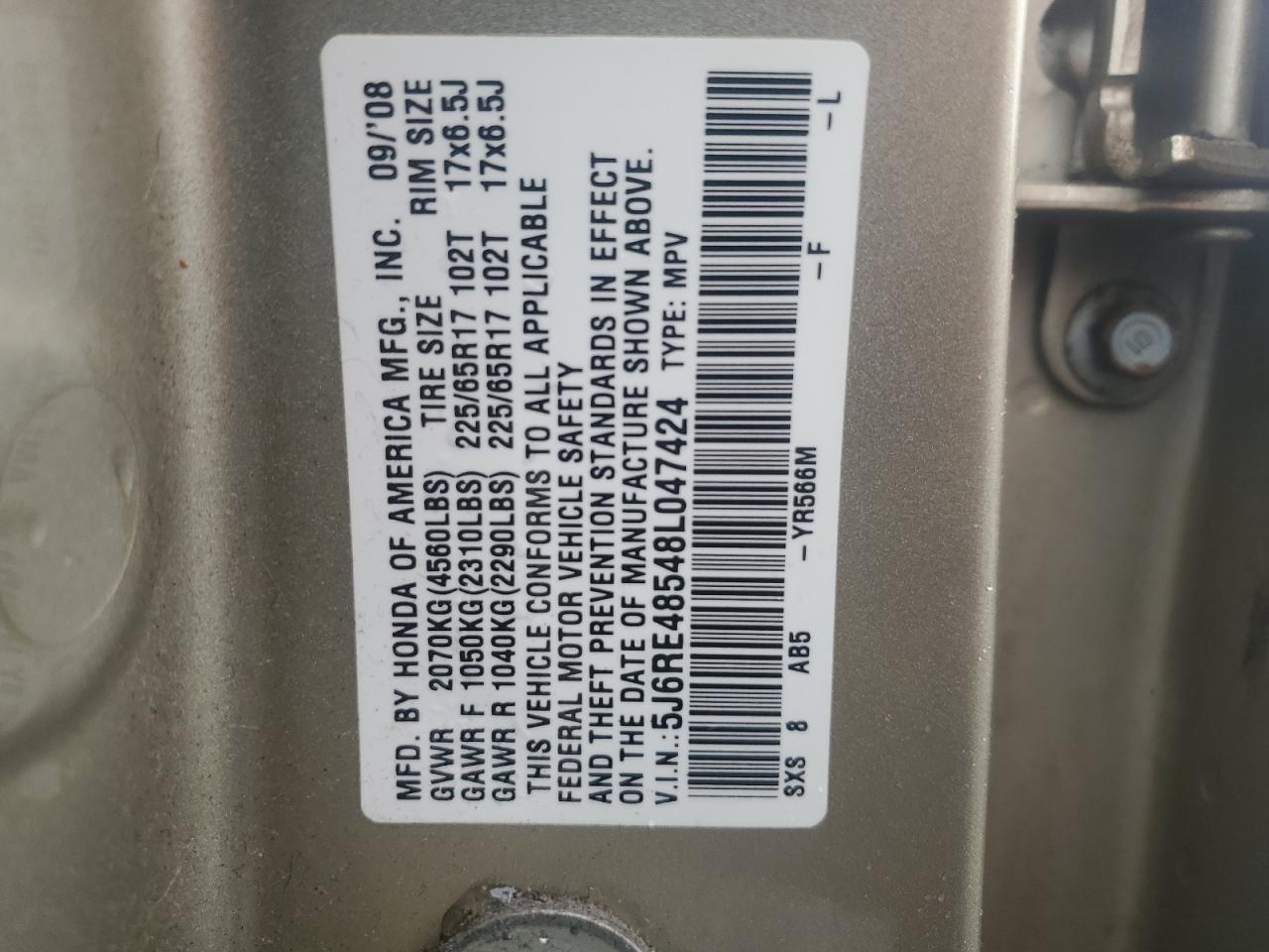 2008 Honda Cr-V Ex VIN: 5J6RE48548L047424 Lot: 80224885