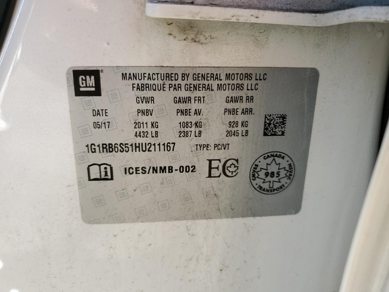 2017 Chevrolet Volt Premier VIN: 1G1RB6S51HU211167 Lot: 81026795