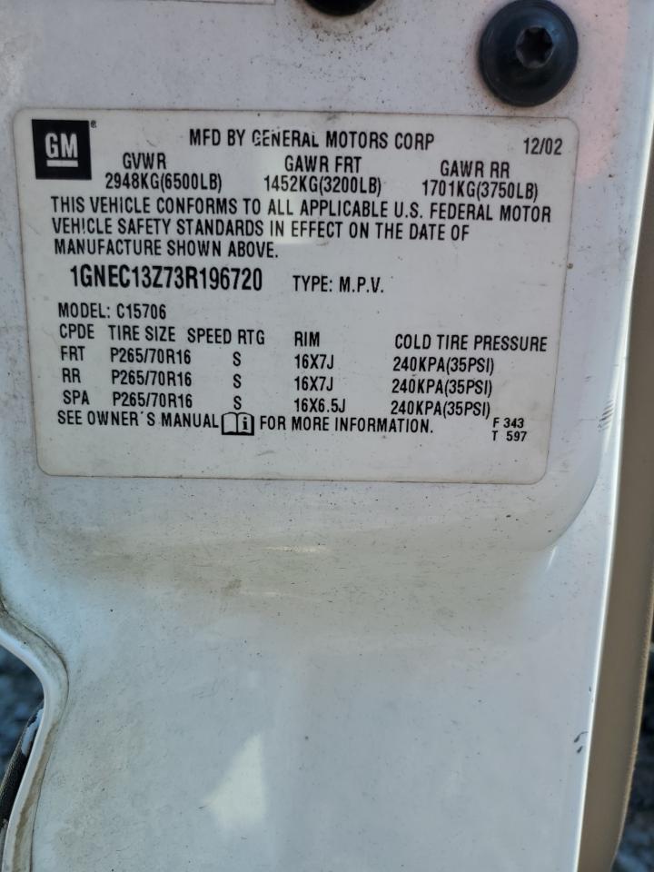 2003 Chevrolet Tahoe C1500 VIN: 1GNEC13Z73R196720 Lot: 80863555