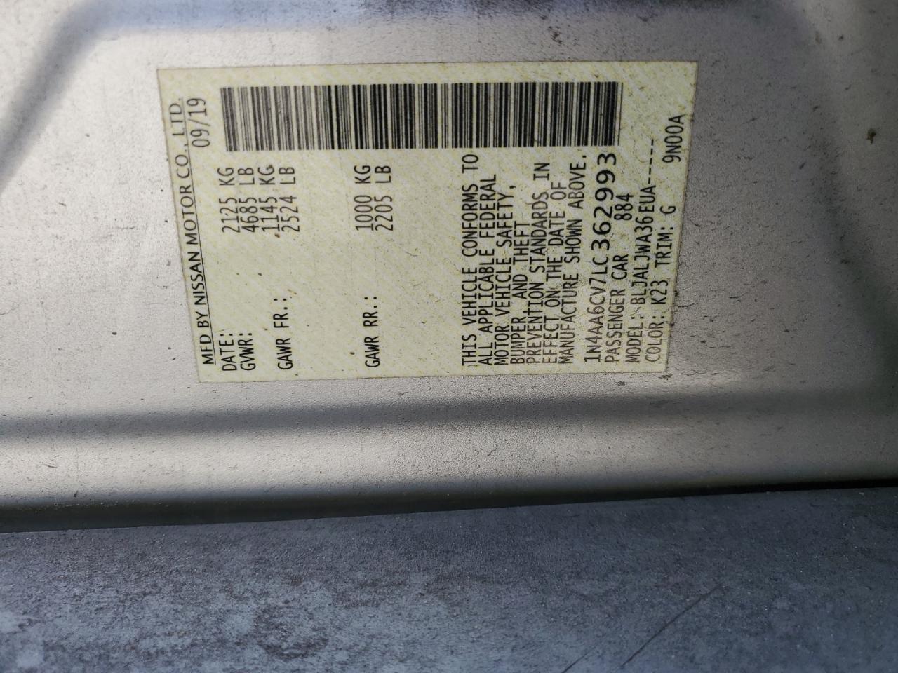 2020 Nissan Maxima Sv VIN: 1N4AA6CV7LC362993 Lot: 84192135