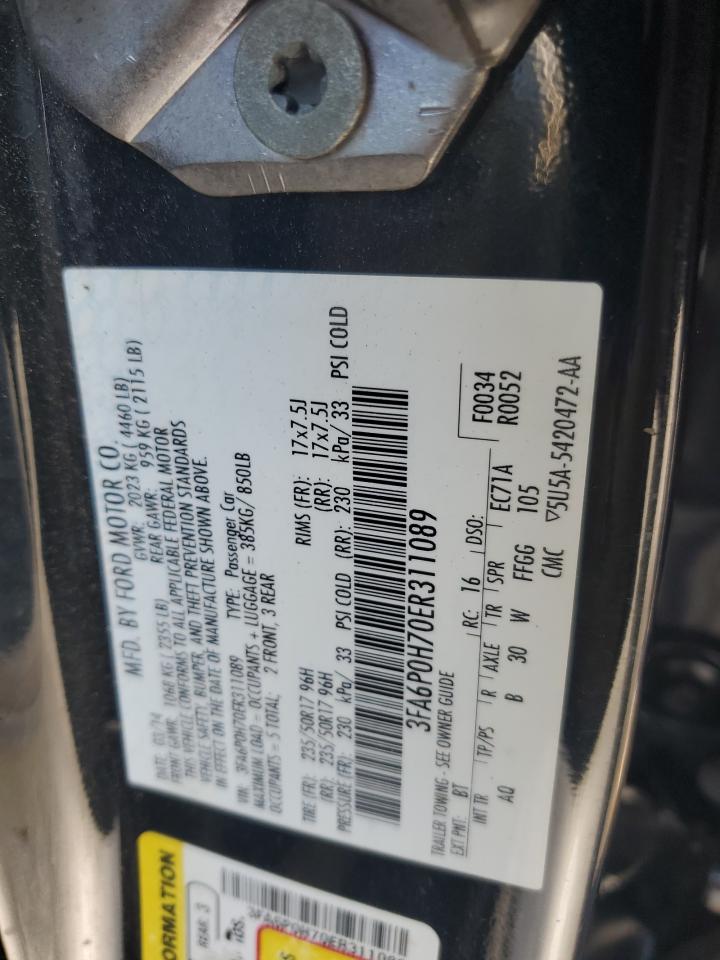 2014 Ford Fusion Se VIN: 3FA6P0H70ER311089 Lot: 80452915