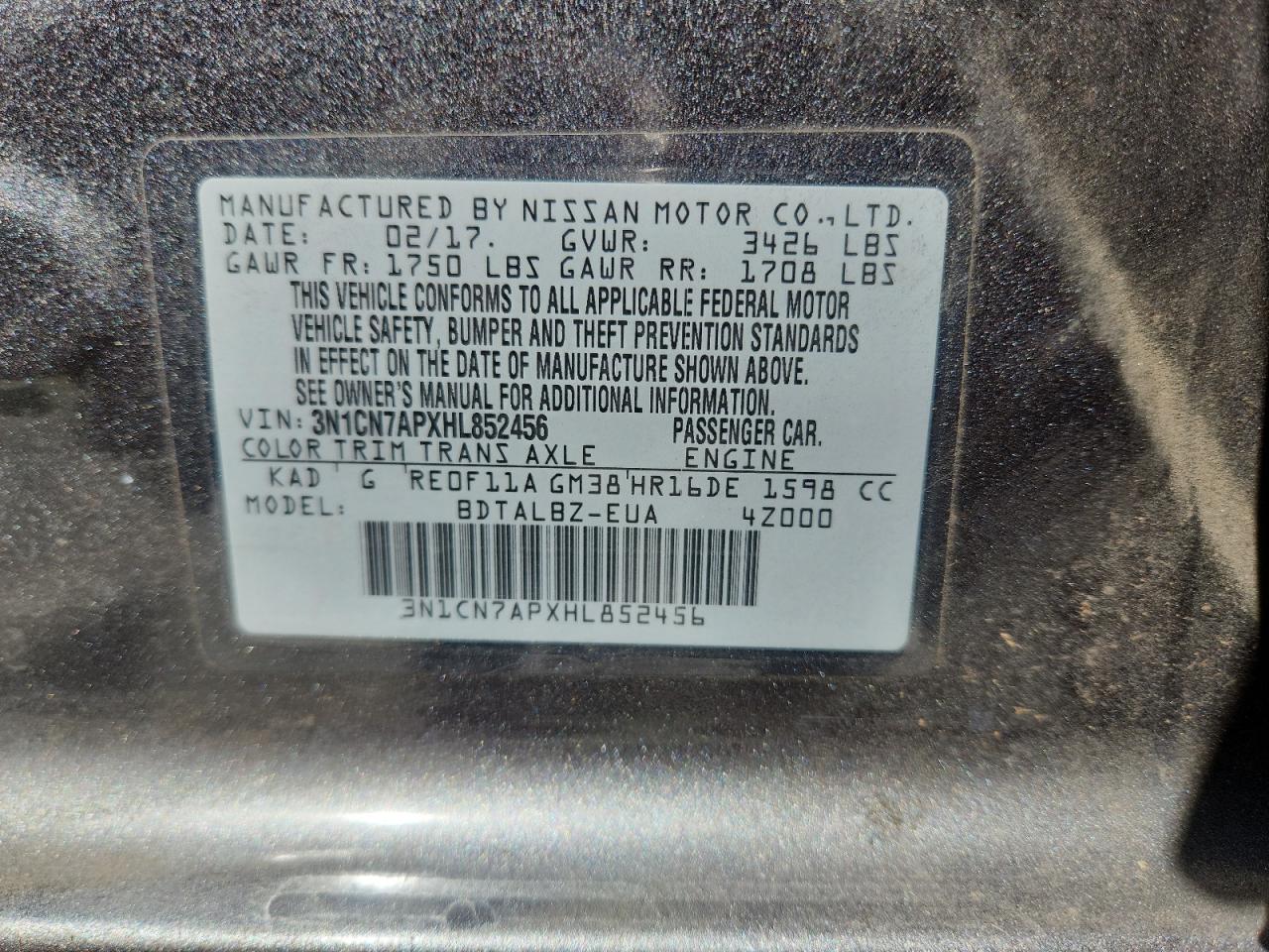 2017 Nissan Versa S VIN: 3N1CN7APXHL852456 Lot: 80261865