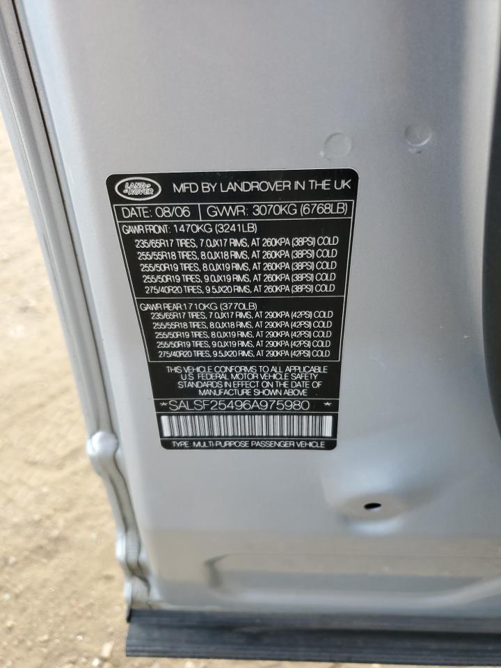 2006 Land Rover Range Rover Sport Hse VIN: SALSF25496A975980 Lot: 71673345