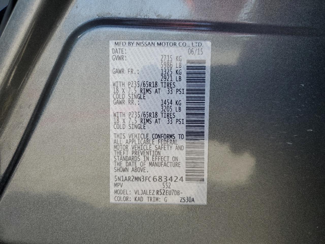 2015 Nissan Pathfinder S VIN: 5N1AR2MN3FC683424 Lot: 80225605