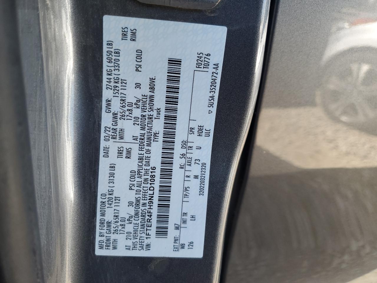 2022 Ford Ranger Xl VIN: 1FTER4FH9NLD10816 Lot: 81612805