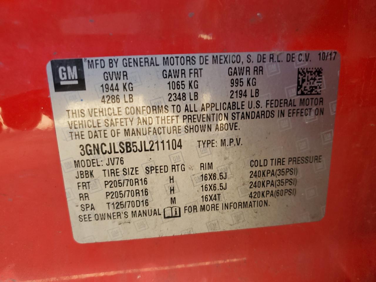 2018 Chevrolet Trax 1Lt VIN: 3GNCJLSB5JL211104 Lot: 70220135