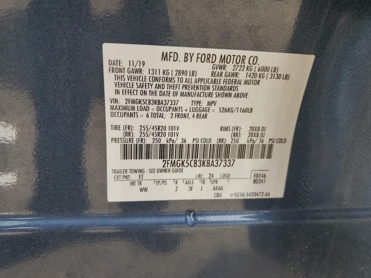 2019 Ford Flex Sel VIN: 2FMGK5C83KBA37337 Lot: 81441505