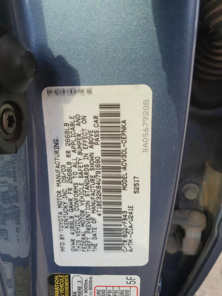 2004 Toyota Camry Le VIN: 4T1BE32K84U791690 Lot: 70896055