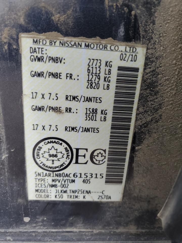 2010 Nissan Pathfinder S VIN: 5N1AR1NB0AC615315 Lot: 70885995