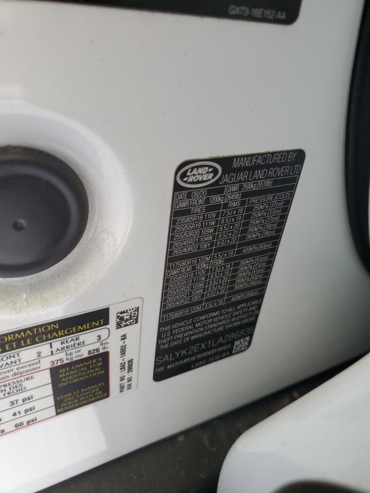 2020 Land Rover Range Rover Velar R-Dynamic S VIN: SALYK2EX1LA286835 Lot: 80325855