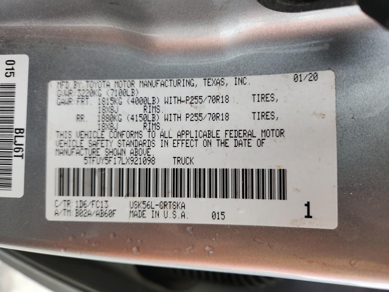 2020 Toyota Tundra Double Cab Sr VIN: 5TFUY5F17LX921098 Lot: 81071475