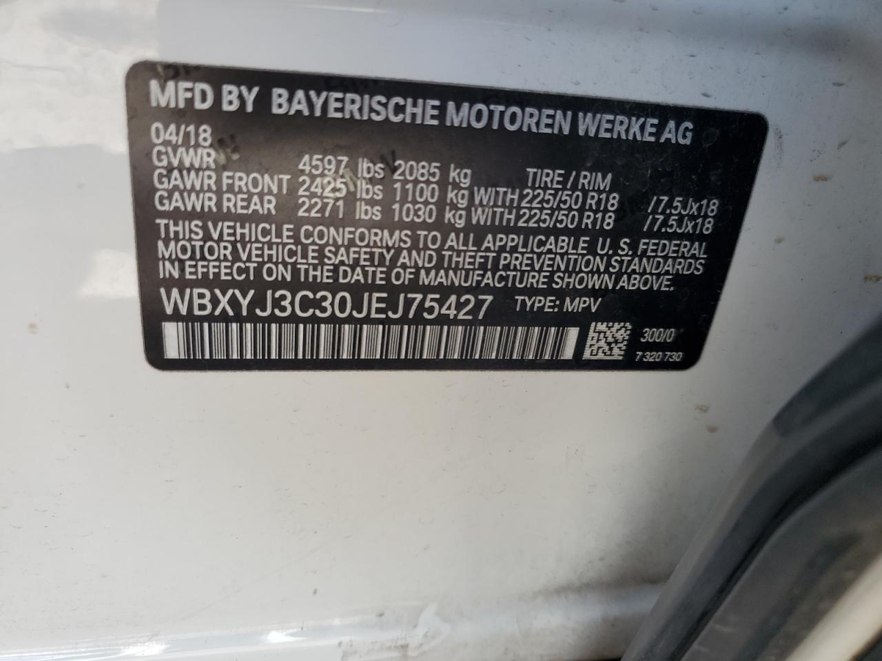 2018 BMW X2 Sdrive28I VIN: WBXYJ3C30JEJ75427 Lot: 80397685